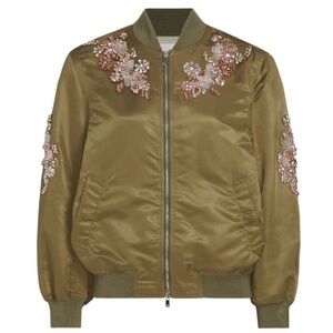 NWT Cinq a Sept Tallula Flower Crystal Embellish Bomber Jacket Olive green pink